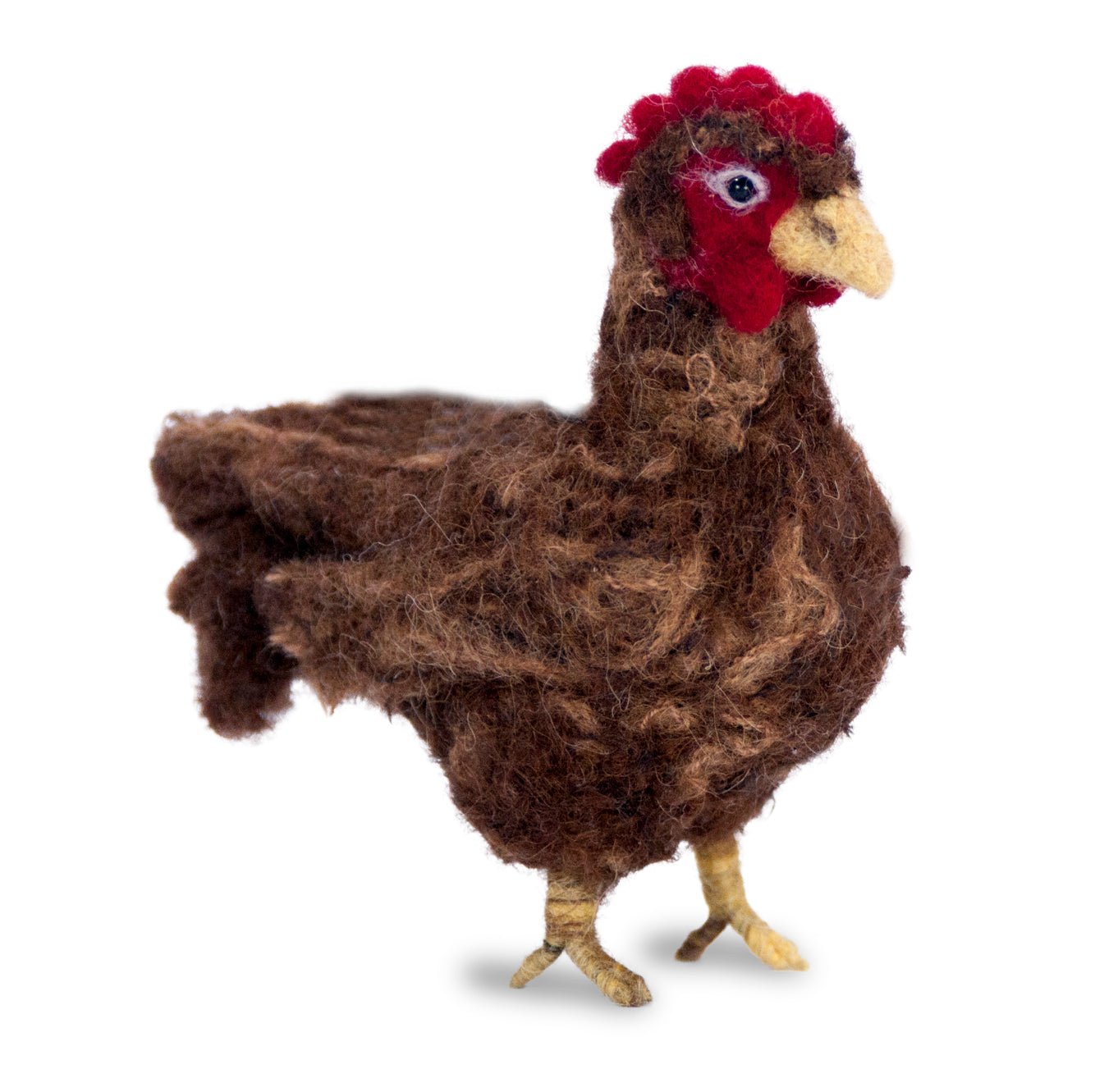Handmade needle-felted alpaca spotted, brown, and white chickens by Lanart
