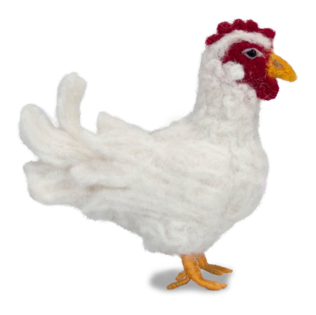 Handmade needle-felted alpaca spotted, brown, and white chickens by Lanart