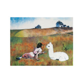 Illustration of a person and a white creature in a pastoral setting with houses and fields.