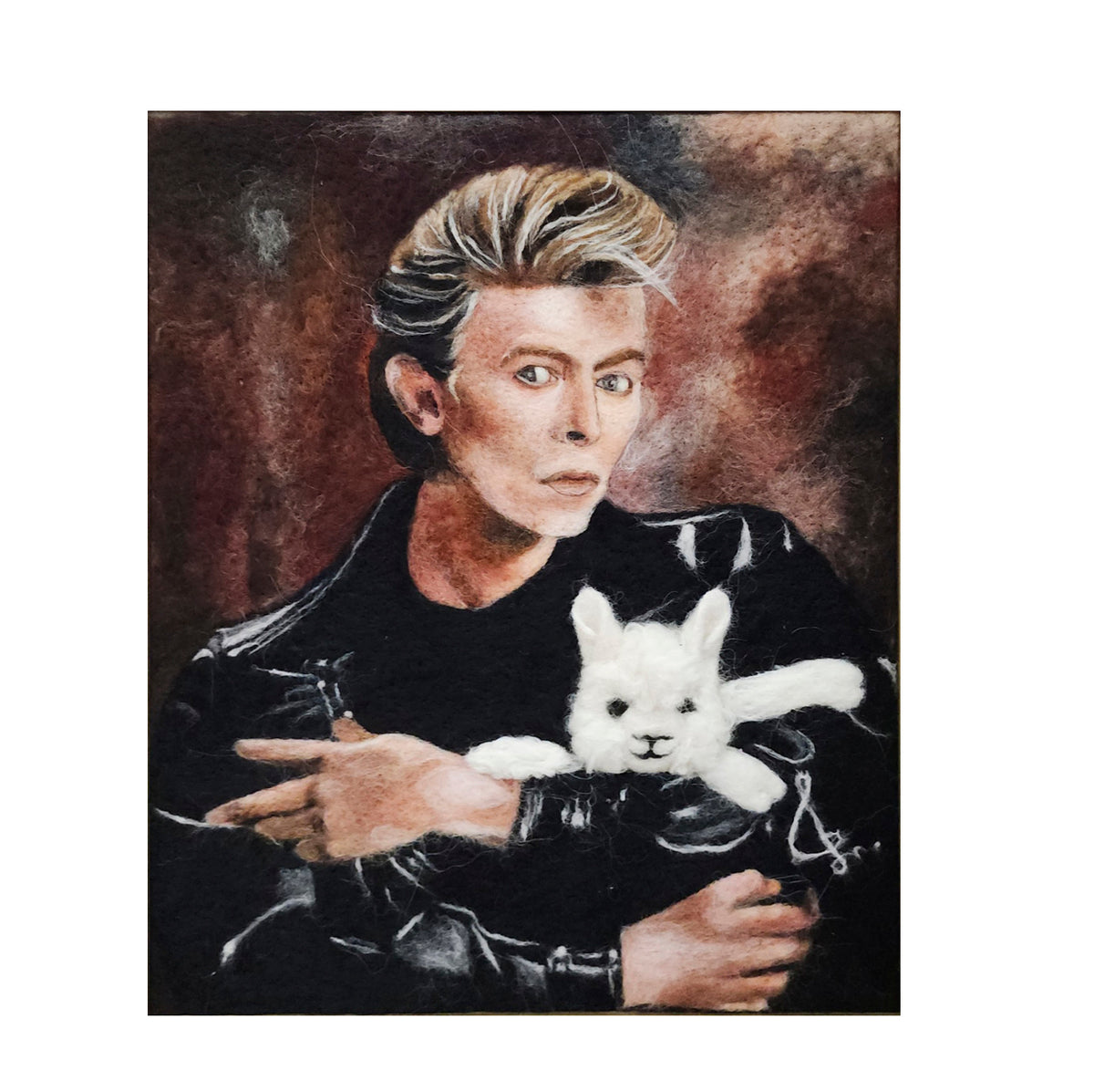 Artistic depiction of Ziggy holding a white alpaca creature against a dark background