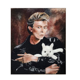 Artistic depiction of Ziggy holding a white alpaca creature against a dark background