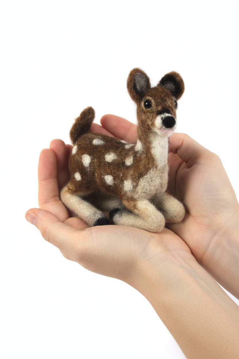 Little deer ornament with brown and white fiber on a white background