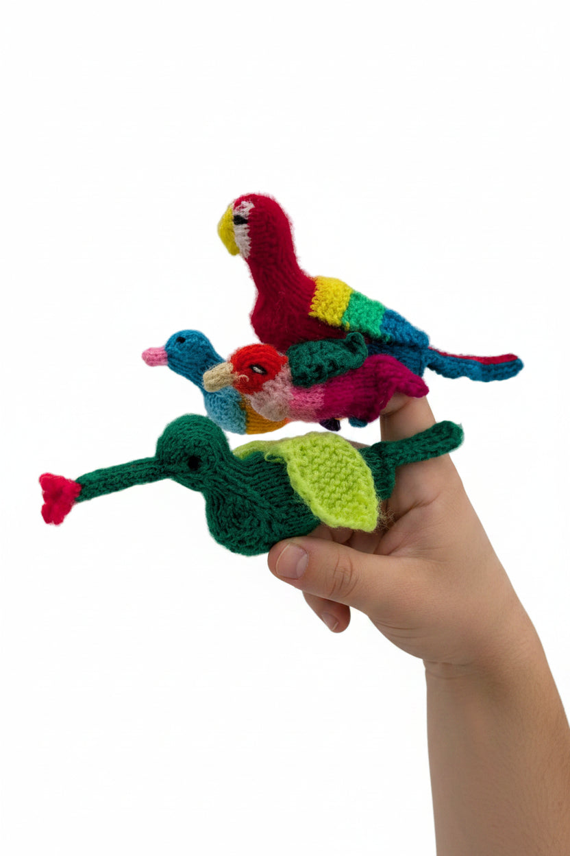 Handknitted alpaca yarn finger puppets