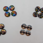 Colorful buttons with various designs on a white background