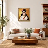 Framed needle-felted alpaca fiber portrait of Frida Kahlo hanging in a Mexican-decor living room