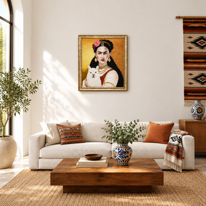 Framed needle-felted alpaca fiber portrait of Frida Kahlo hanging in a Mexican-decor living room