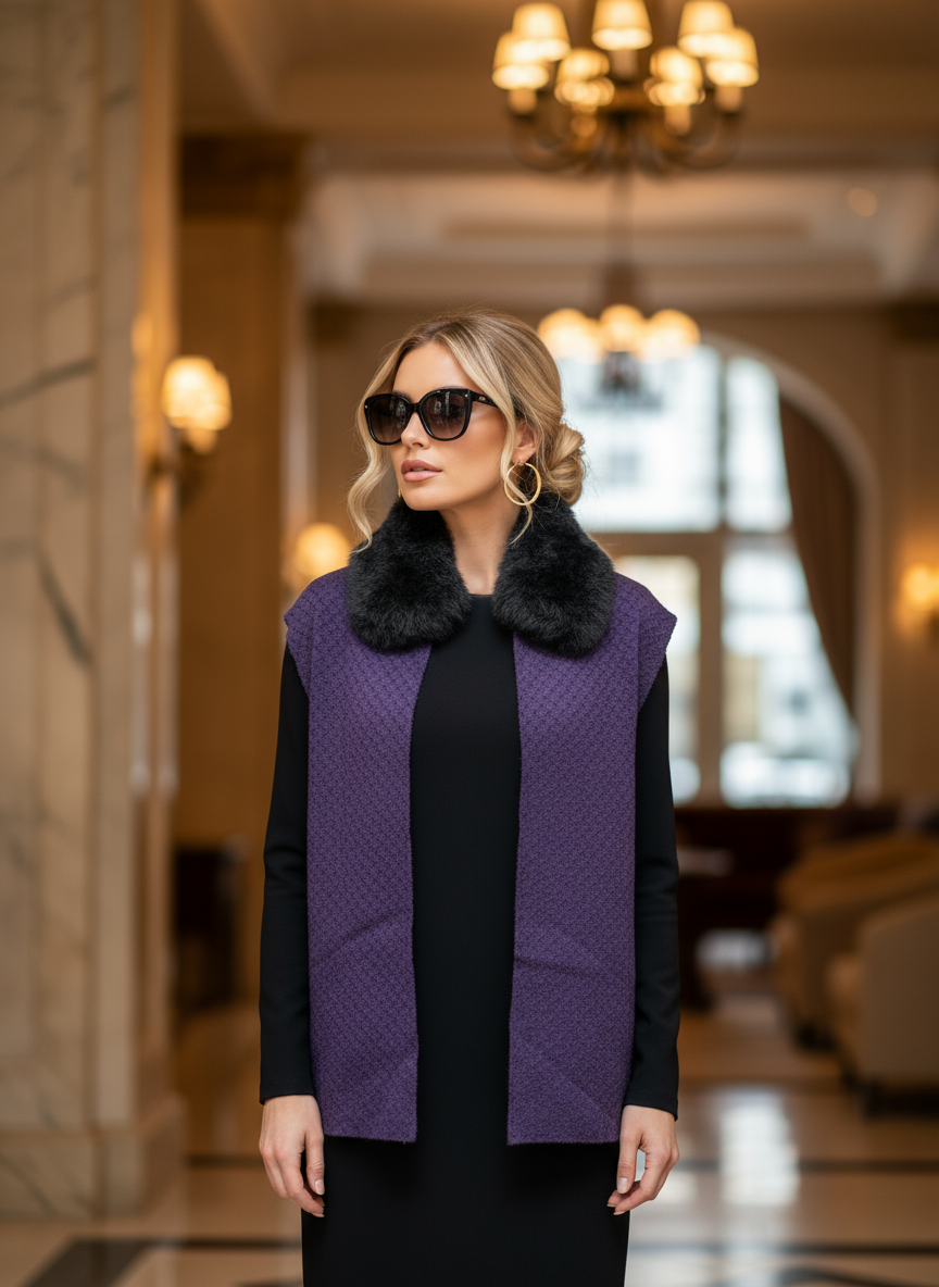 Velour Jacquard Scarf: Baby Alpaca Fur - Purple / Charcoal