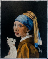 Artistic depiction of a girl with a pearl earring and an alpaca, inspired by famous artwork.