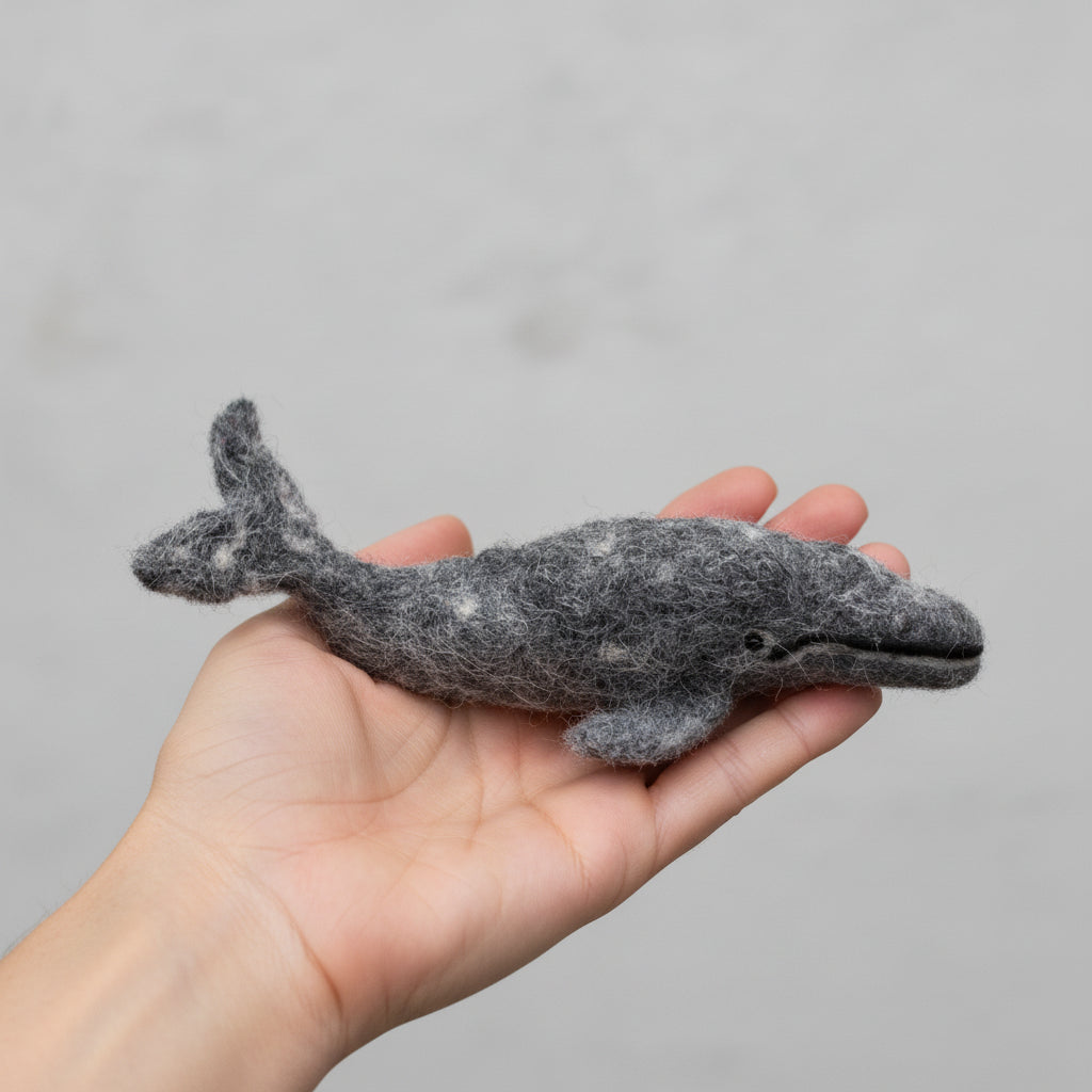 Hand holding a felt whale toy against a gray background