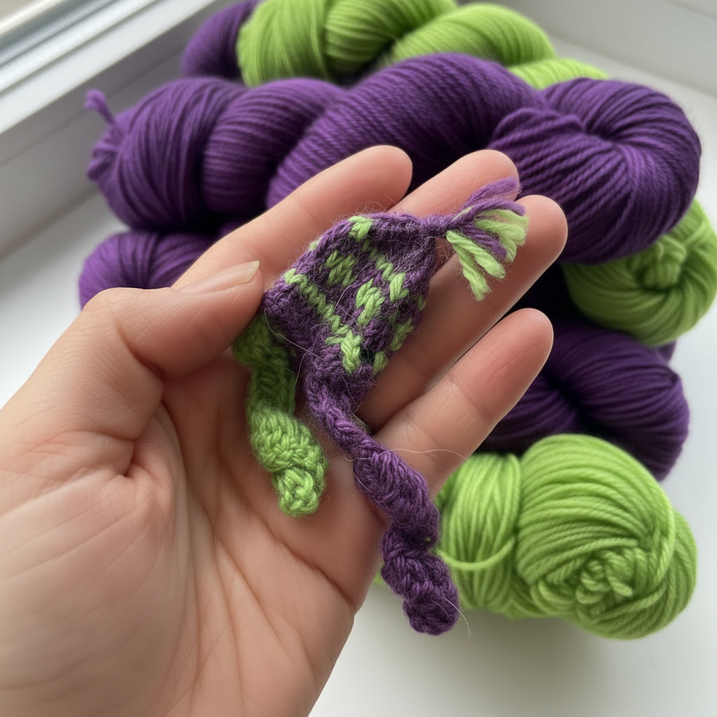 Hand holding a small knitted fish toy with a laptop in the background