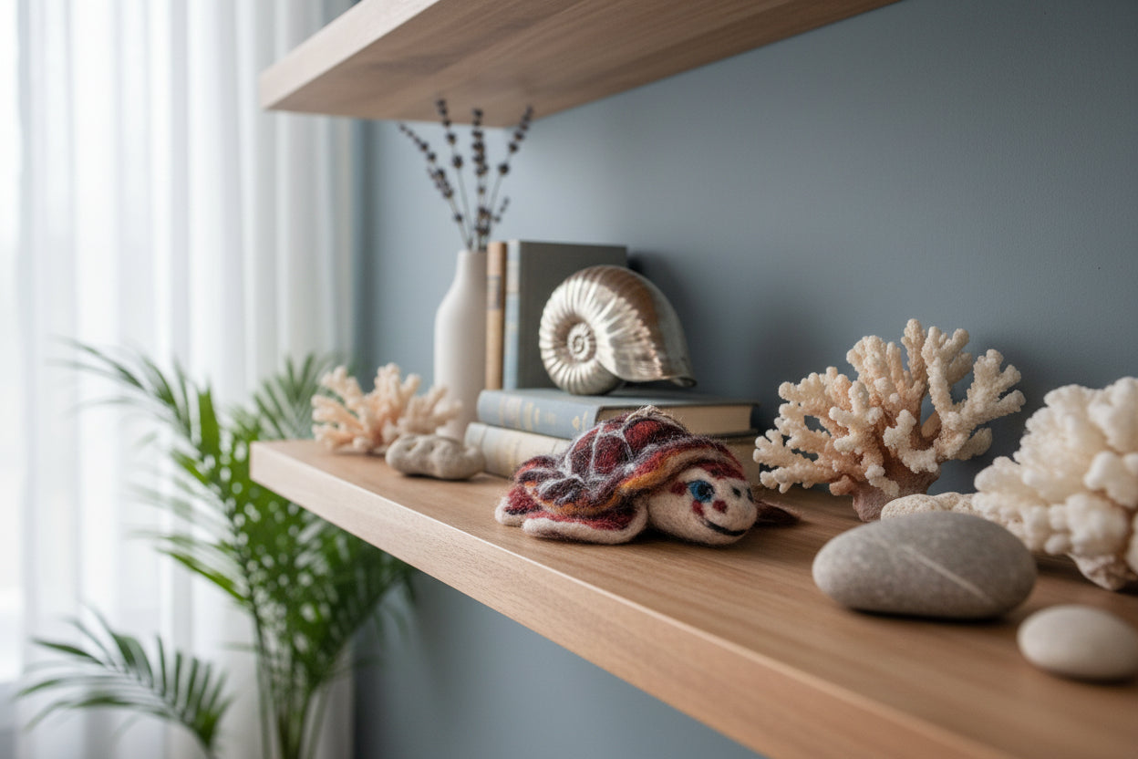 Wooden shelf with decorative lanart alpaca hawksbill turtle and items including corals, books, and a shell against a light blue wall.