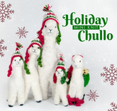 Five white llama or alpaca plush toys wearing red and green knitted holiday hats and scarves, posed together on a white background with snowflake graphics and the text &