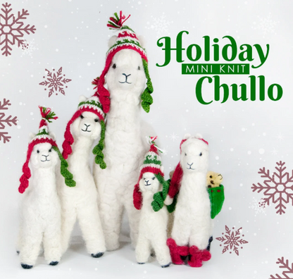 Five white llama or alpaca plush toys wearing red and green knitted holiday hats and scarves, posed together on a white background with snowflake graphics and the text &