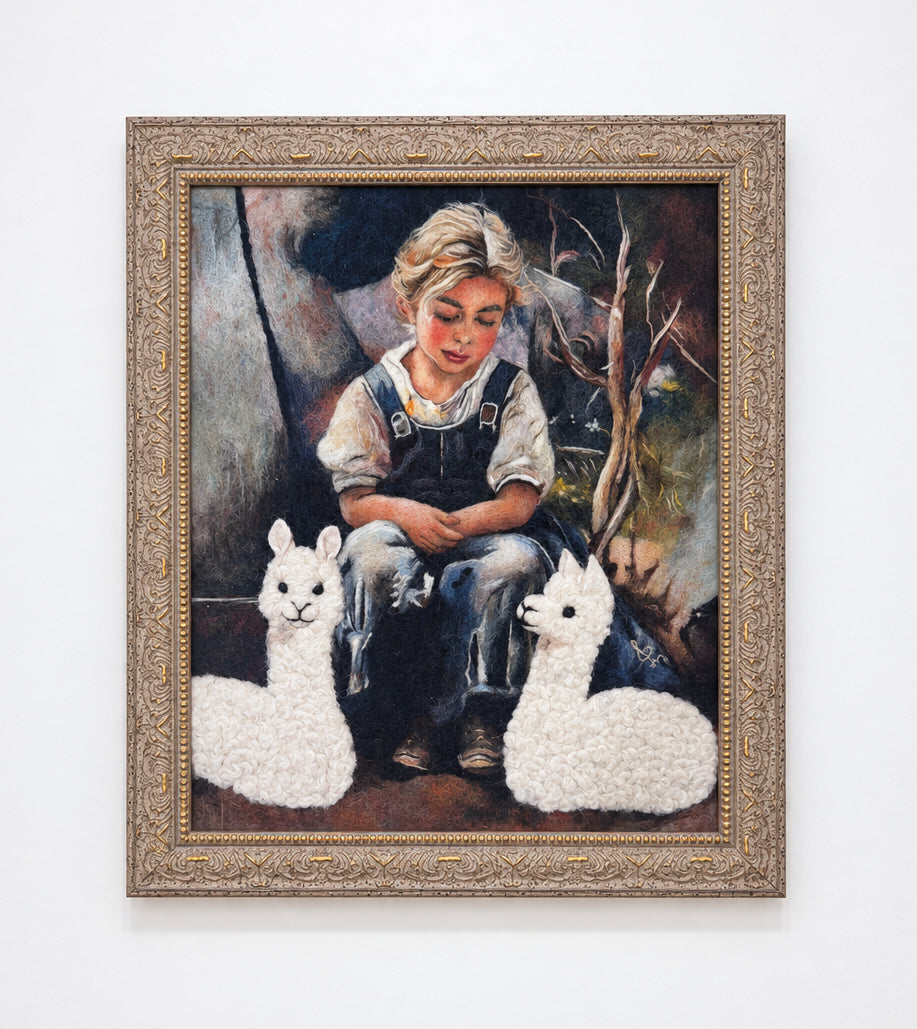 Shepherd Girl With Alpacas Fiber Portrait - Framed Wall Art