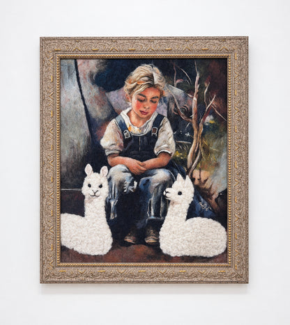 Shepherd Girl With Alpacas Fiber Portrait - Framed Wall Art