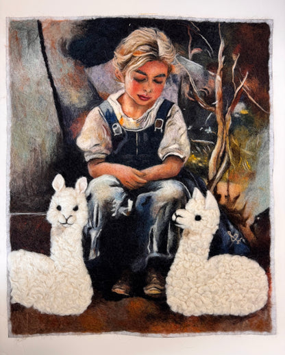 Shepherd Girl With Alpacas Fiber Portrait - Framed Wall Art