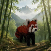 A small felted wool red panda figurine standing on a plain white studio background.