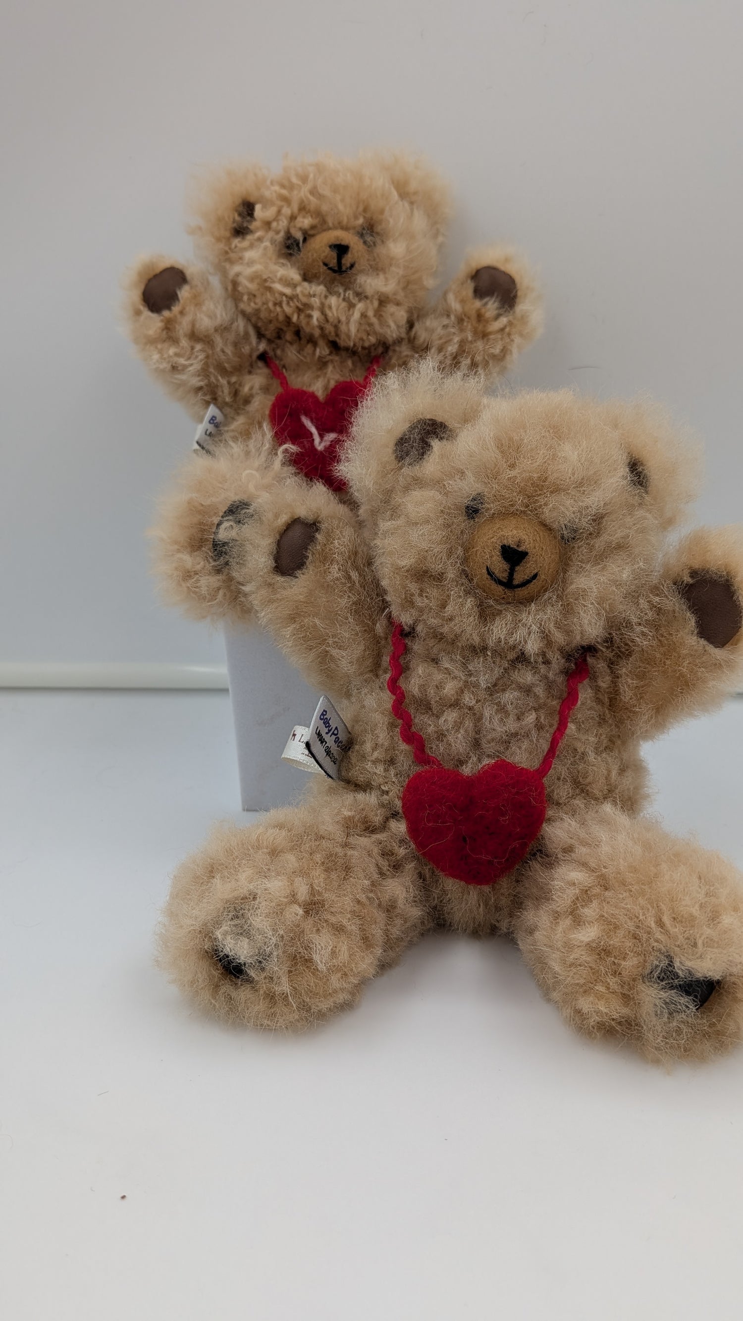 Two teddy bears with red hearts on a white background