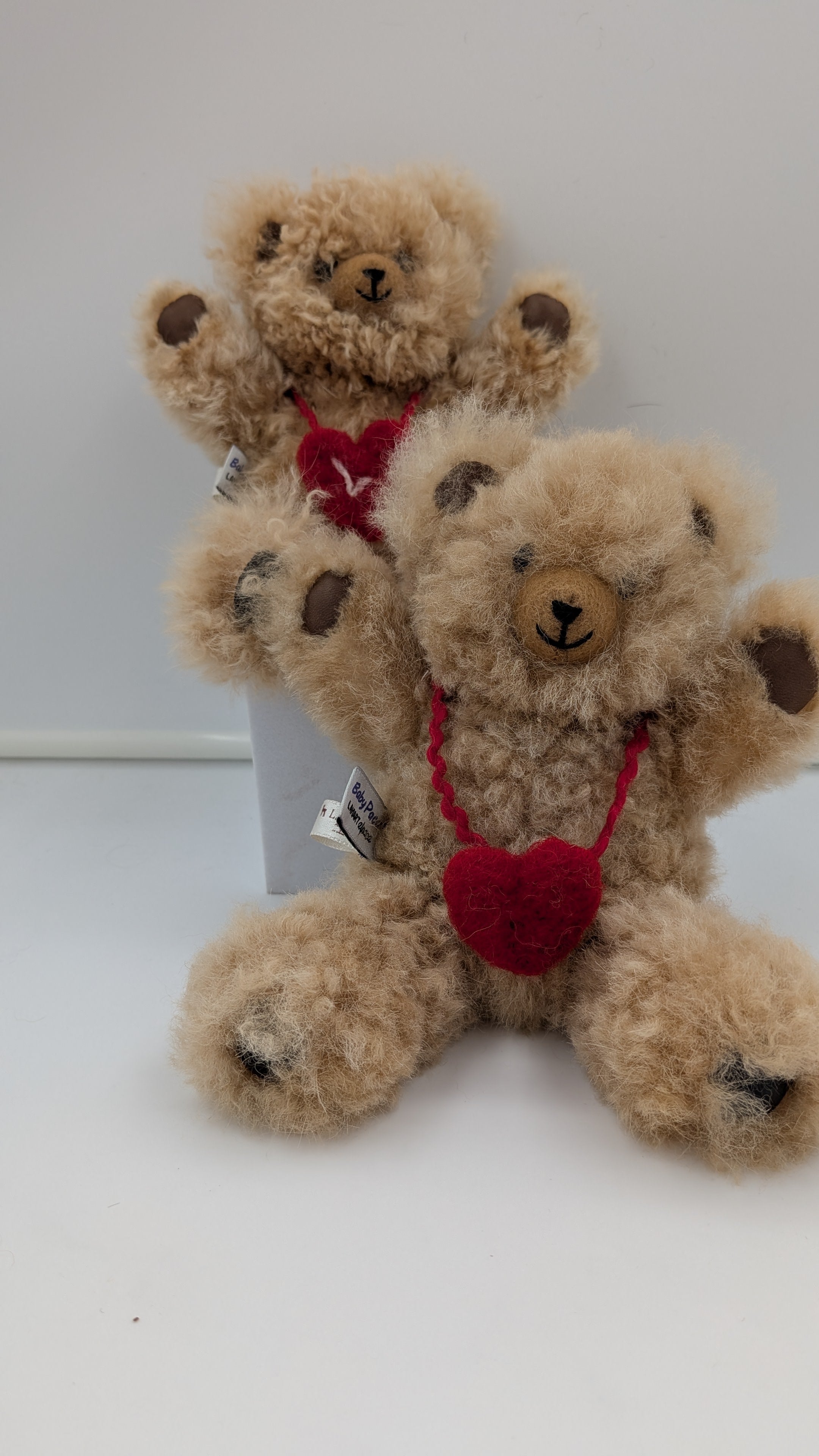 Two teddy bears with red hearts on a white background