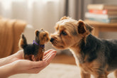 A felted wool dog figurine, resembling a Yorkie terrier, standing in hands with a real yorkie sniffing him. The dog has brown and black fur, wears a purple collar with a silver star-shaped tag.