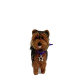 Stuffed needle felted ornament with a purple collar and star tag on a white background