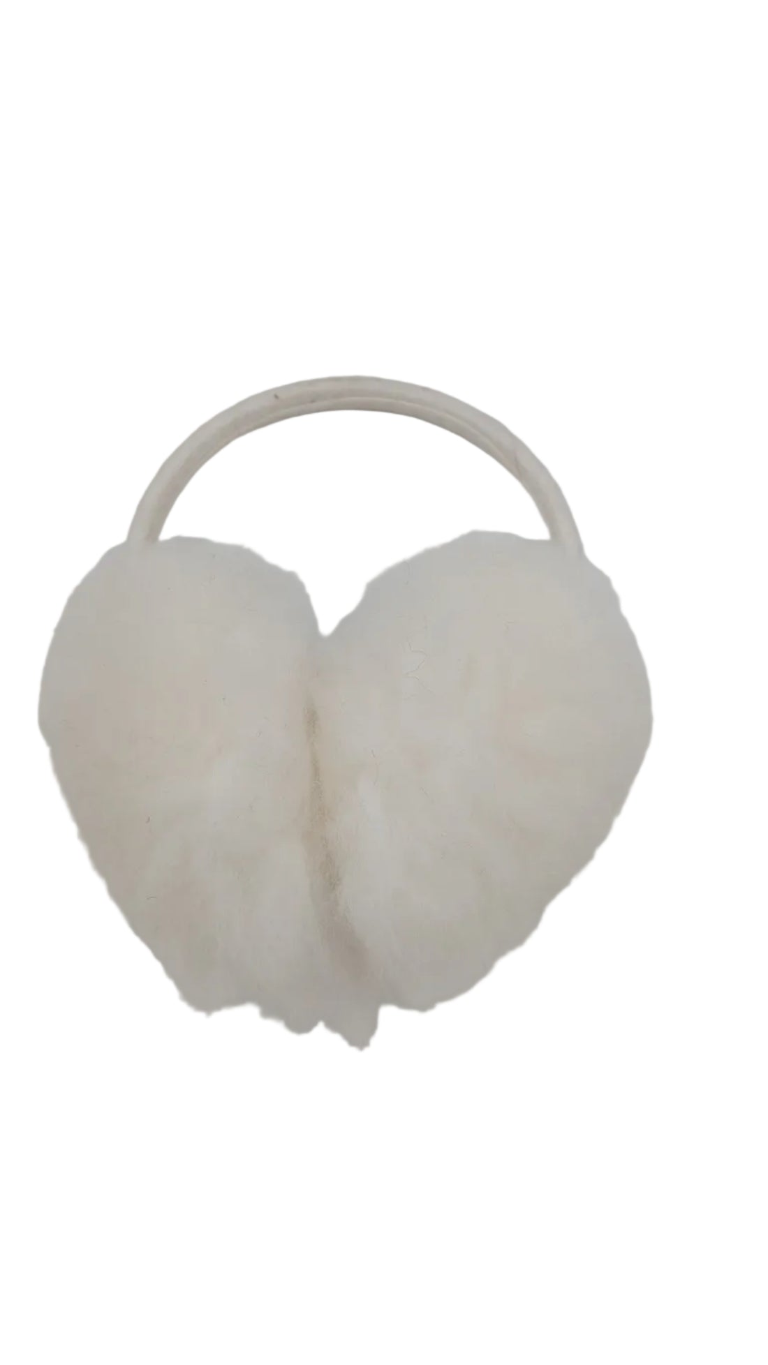 A pair of fluffy white faux-fur ear warmers attached to a thin beige elastic band, shown on a plain light gray background.