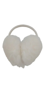 A pair of fluffy white faux-fur ear warmers attached to a thin beige elastic band, shown on a plain light gray background.