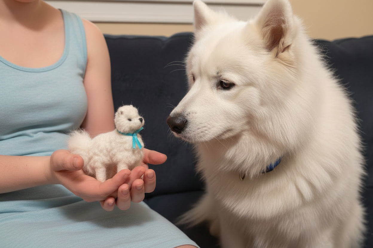 Small white felted dog held in a person&