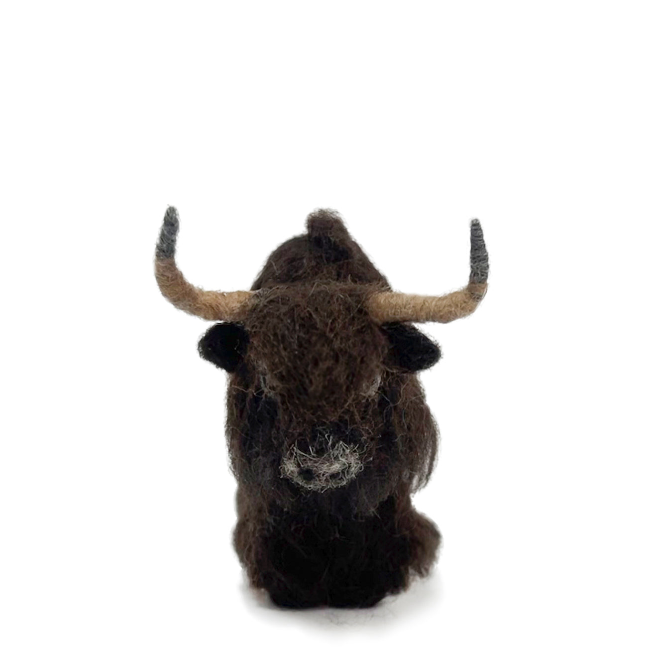 Felted wool sculpture of a yak head on a white background