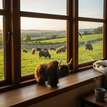 Plushie of a brown bison on a windowsill with natural live yaks in the background 