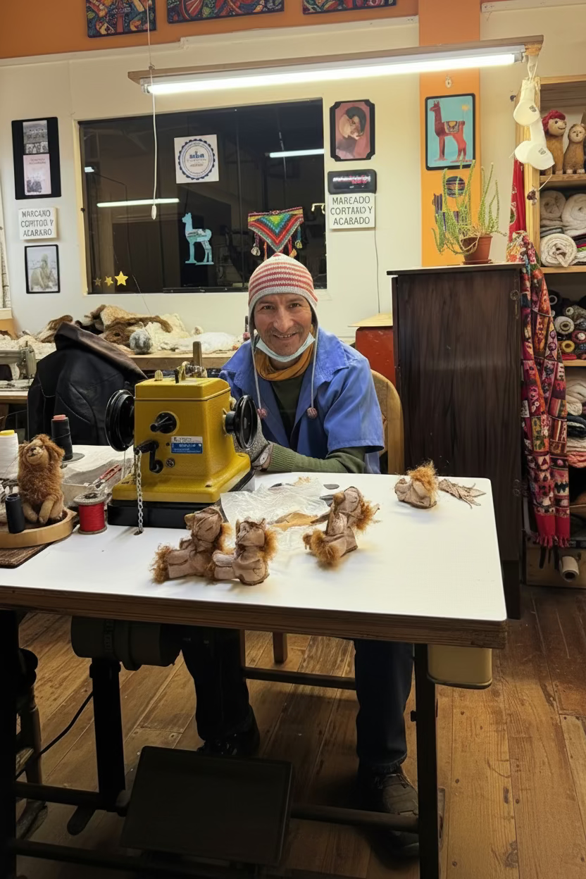 Person sitting at a sewing table handcrafting 
with small teddy bears 