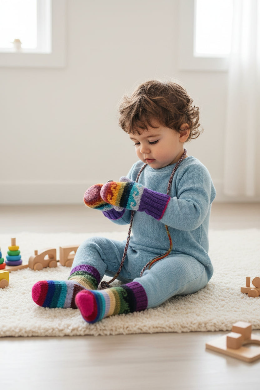 Colorful knitted socks with a pattern on a white background