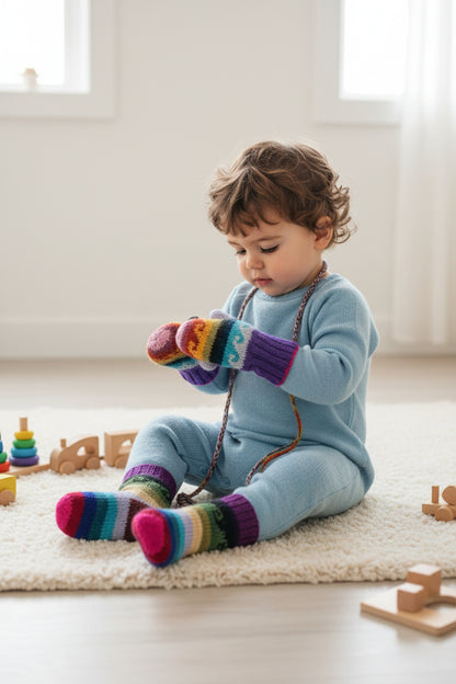 Colorful knitted socks with a pattern on a white background