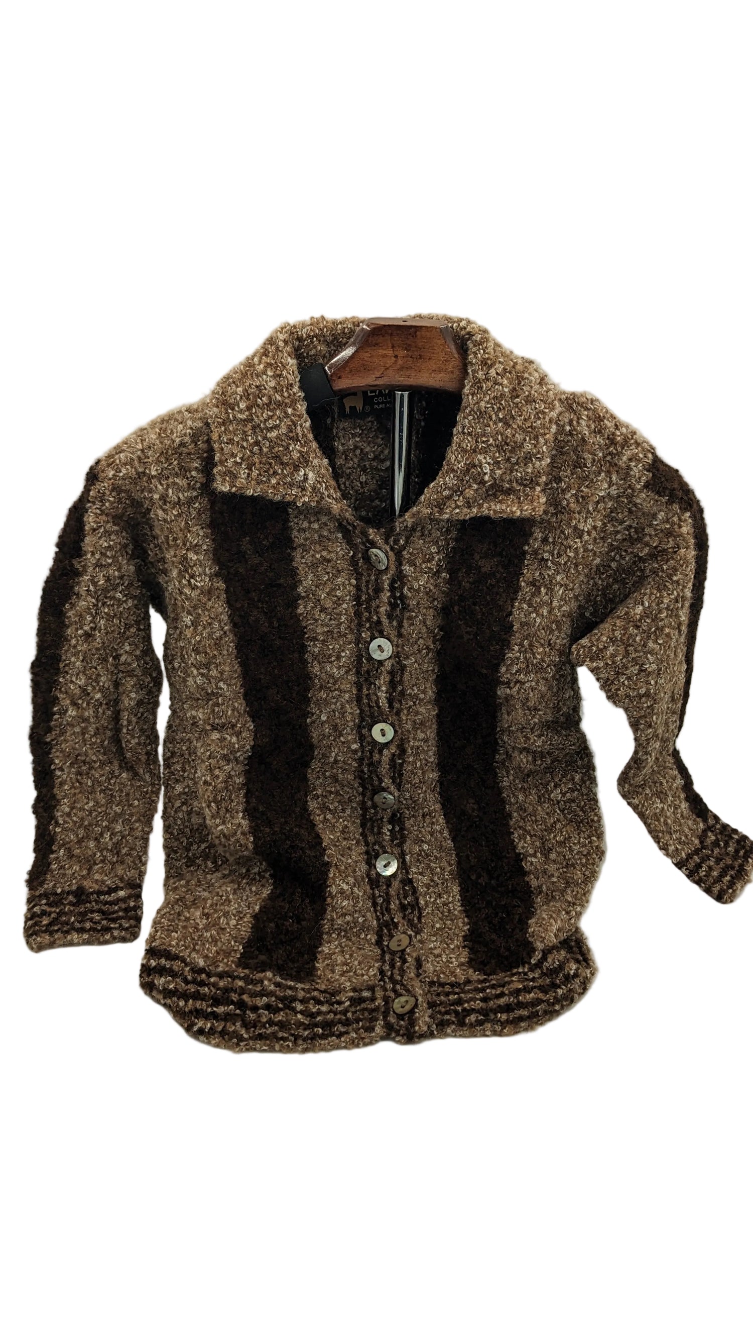 Brown textured kids sweater jacket on a hanger against a plain background