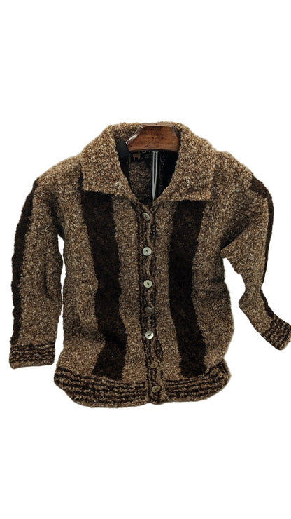 Brown textured kids sweater jacket on a hanger against a plain background