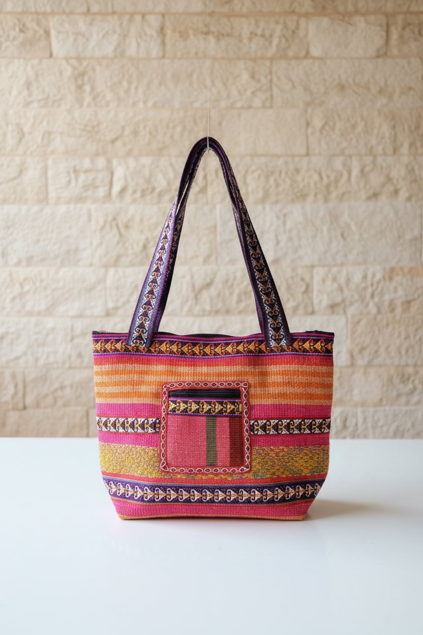 Colorful handbag with intricate patterns on a shelf in a store.