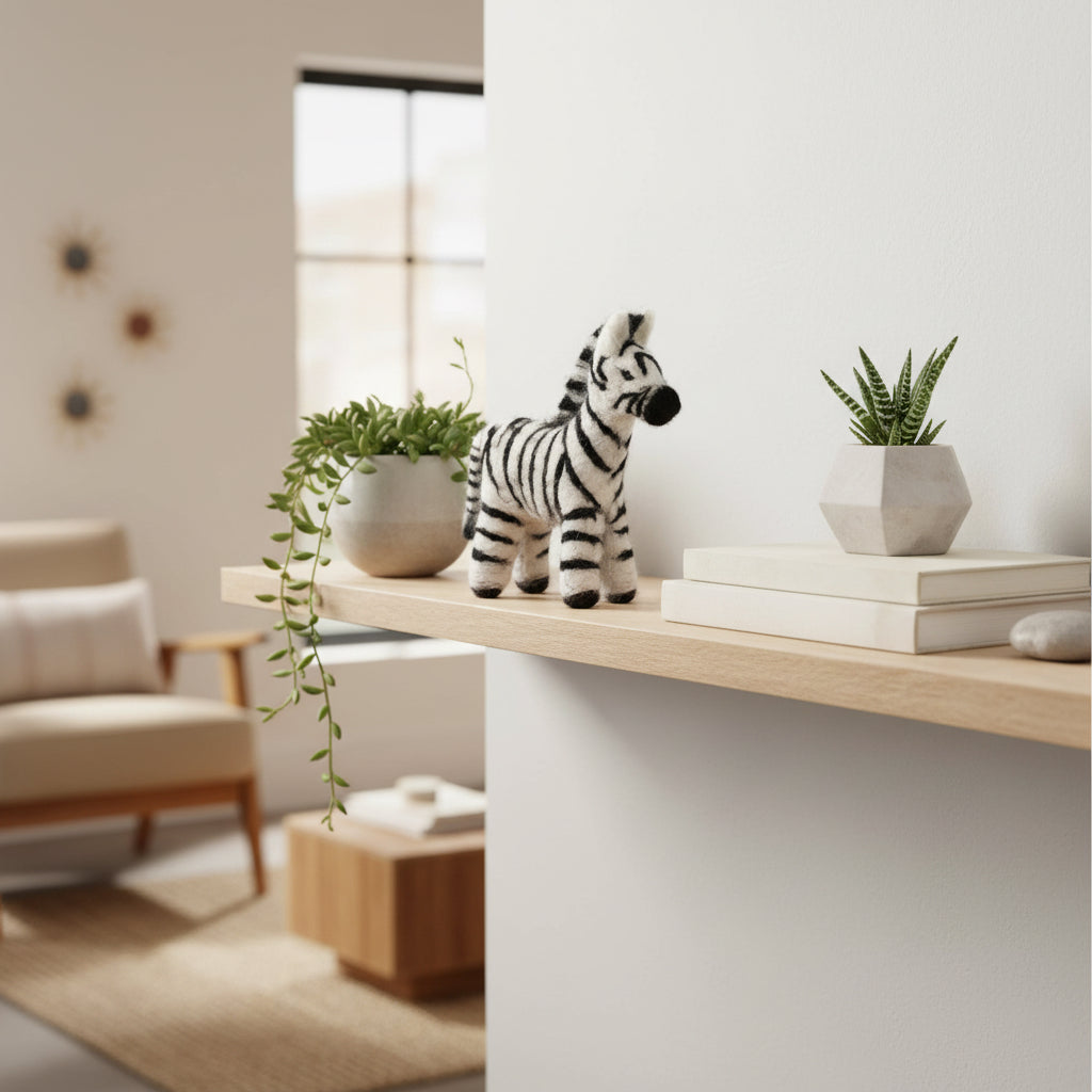 Plush zebra toy on a shelf as decor