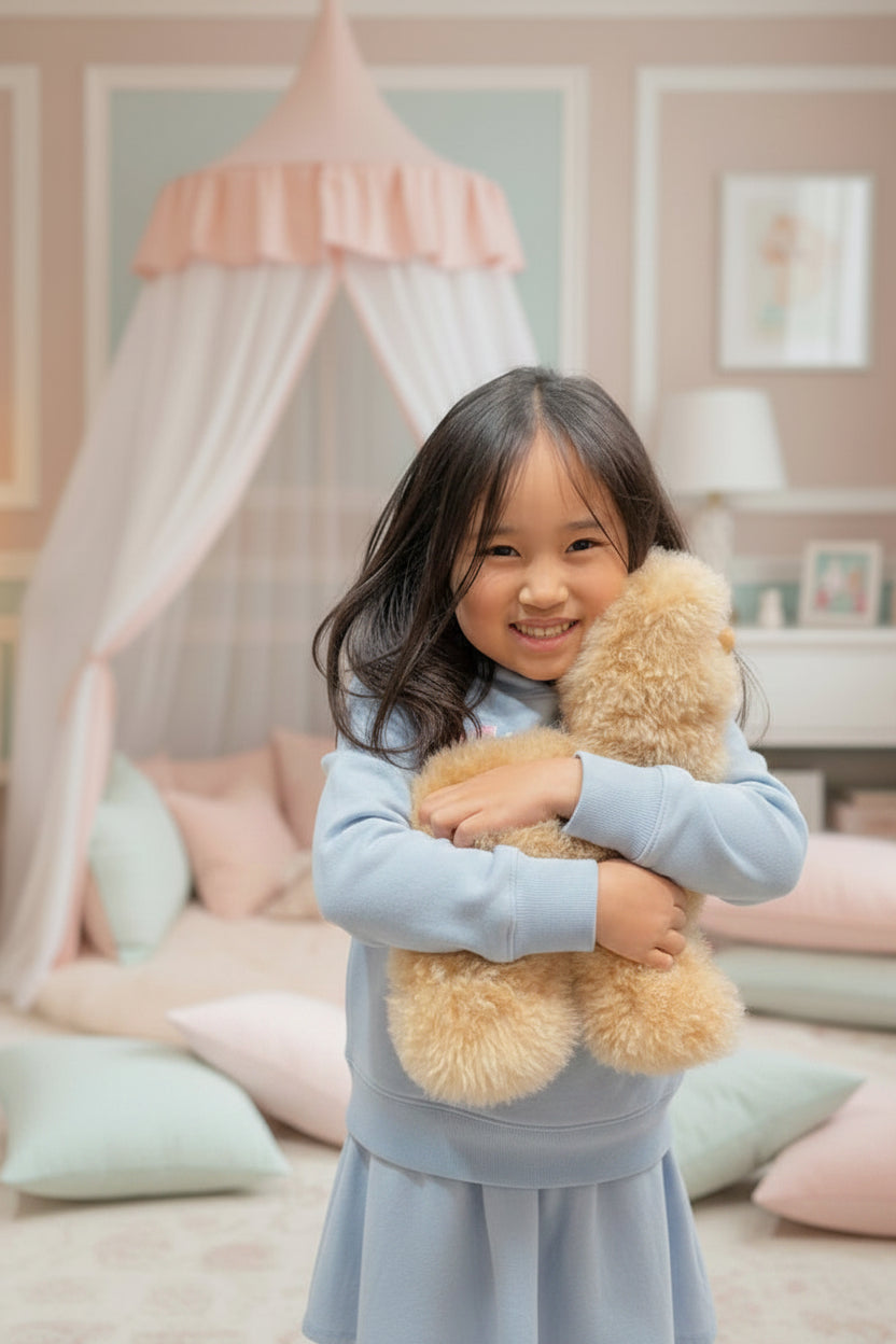 Child holding an alpaca stuffy
 in a bedroom with a canopy bed and decorative pillows.