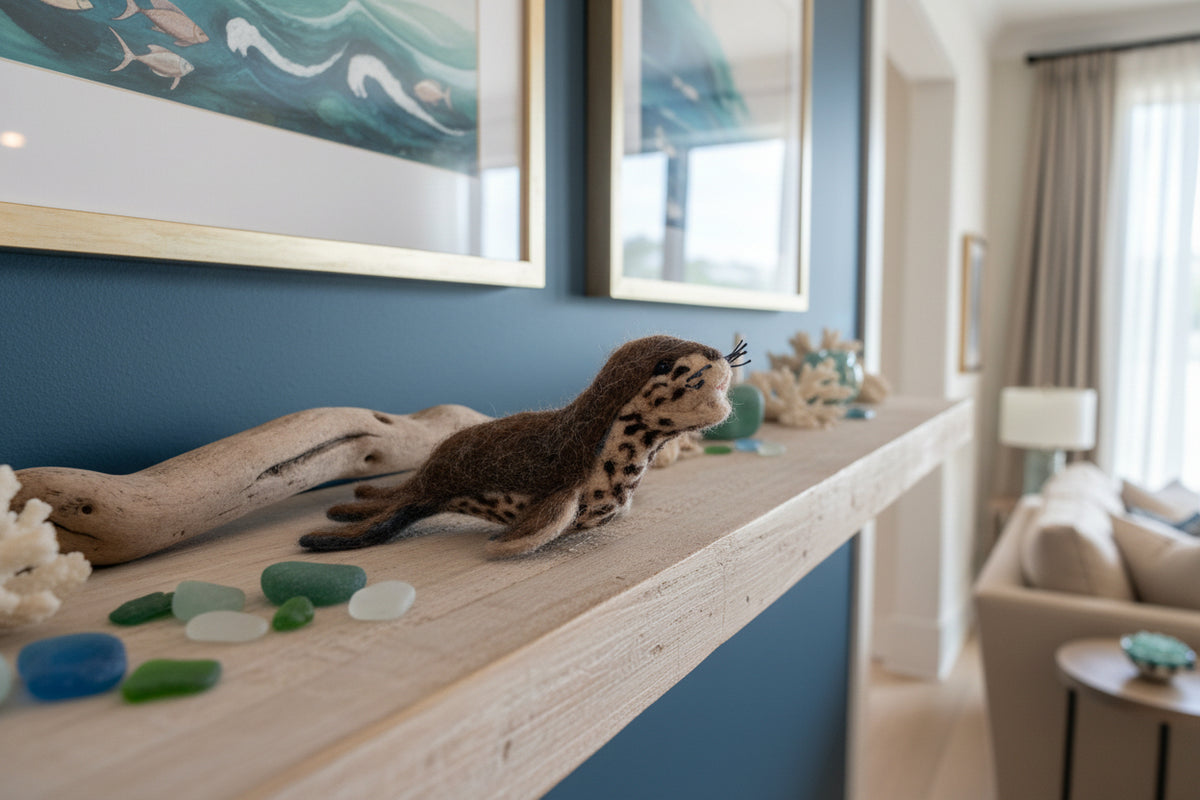A handcrafted felted wool leopard seal figurine with brown, black, and cream spotted fur, perched on top of a shelf