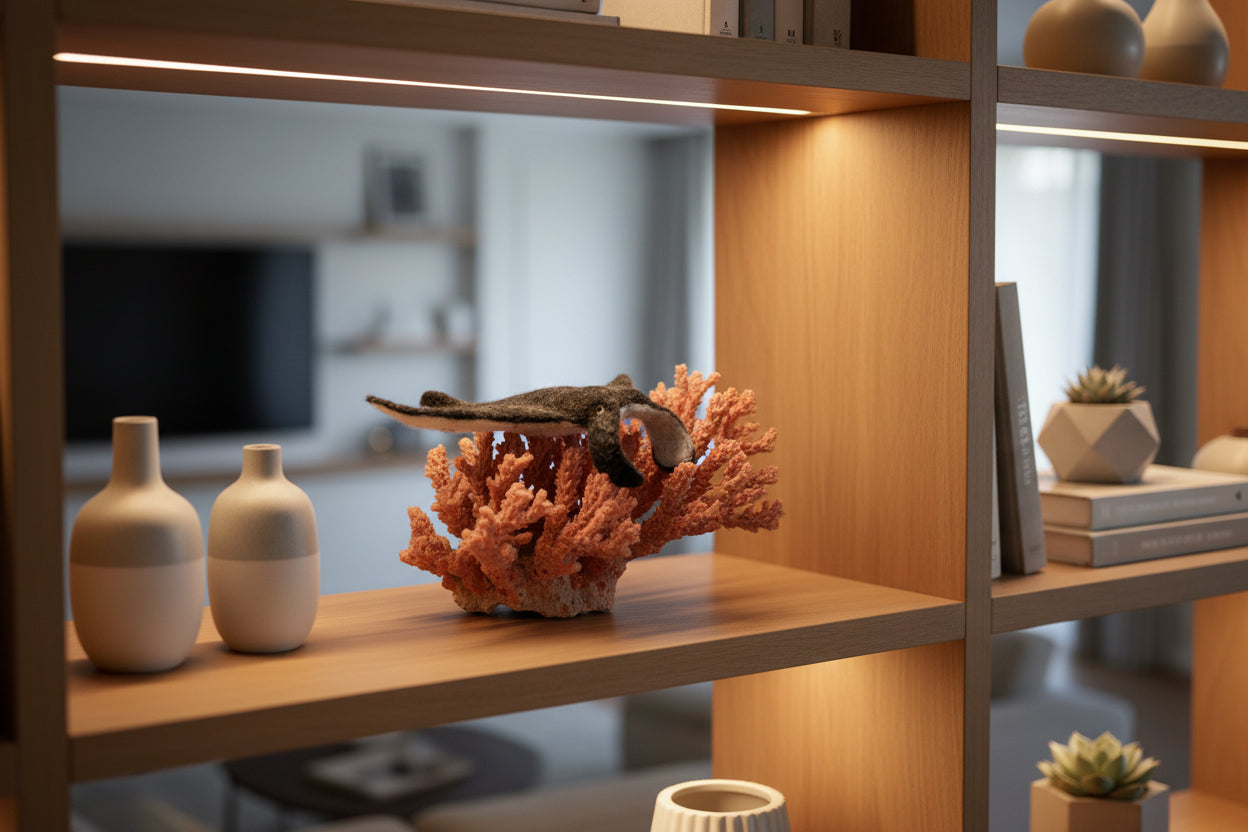 Manta Ray - Lanart Alpaca handmade sculpture on a coral in an elegant living room