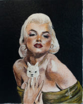 Artistic depiction of a monroe holding a white alpaca against a black background