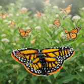 Felted butterfly with orange, black, and white pattern on a white background