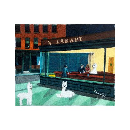 Artistic depiction of a cafe scene with &