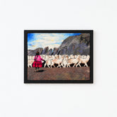 A Peruvian shepherd with her alpacas in the andes