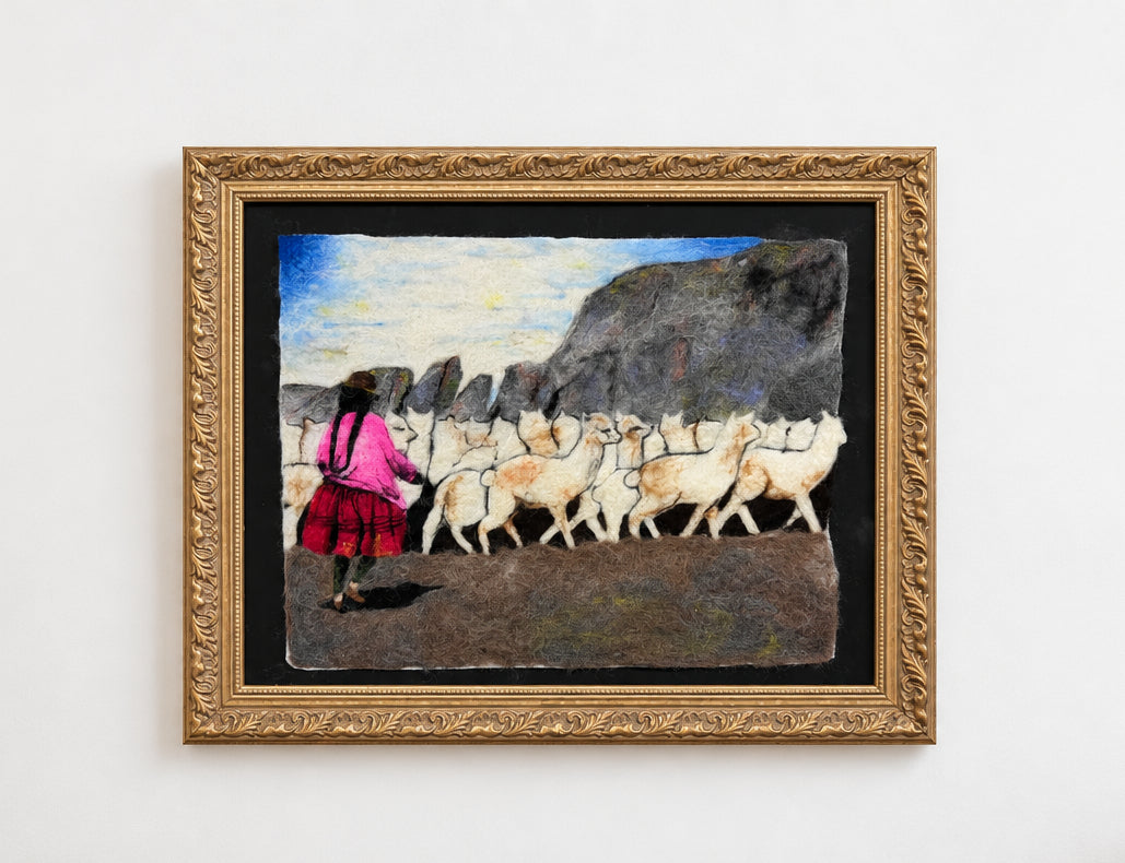 A painting of a Peruvian shepherd with her alpacas in the andes on a white wall