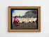 A painting of a Peruvian shepherd with her alpacas in the andes on a white wall