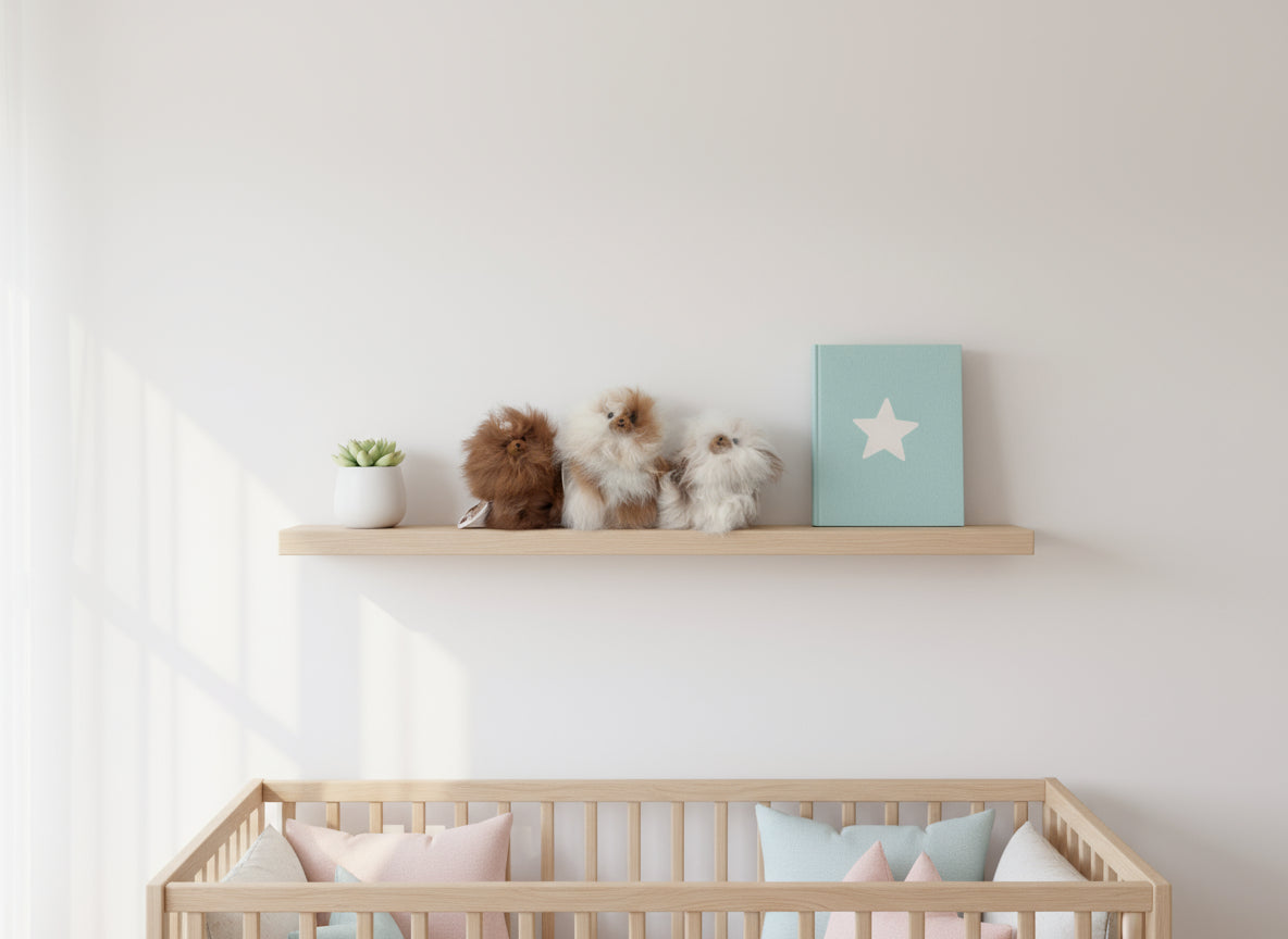 Nursery room with wooden crib and shelf displaying decorative heirloom lanart alpaca 
teddy bears..