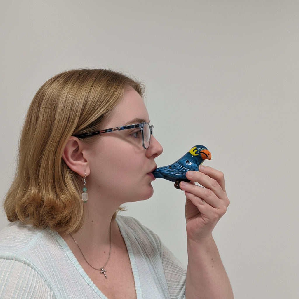 Person holding a small blue and yellow bird figurine against a plain background