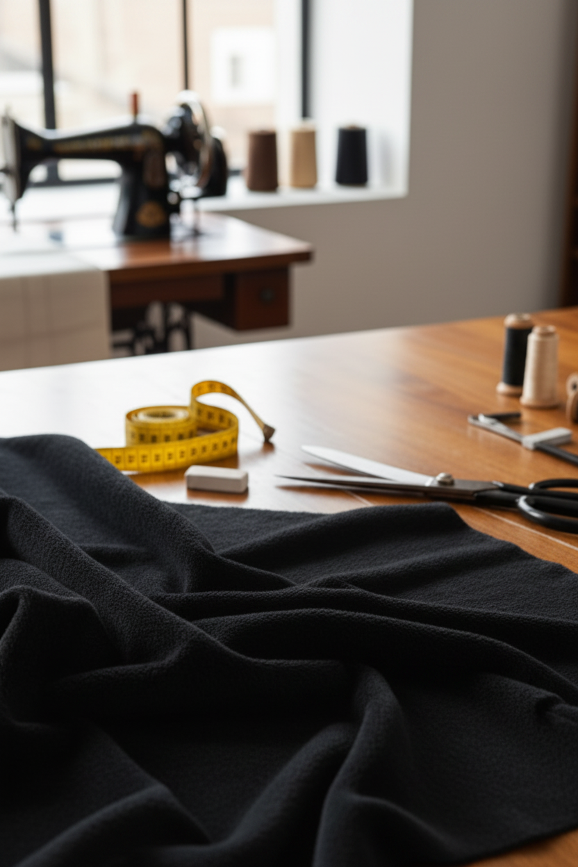 Black fabric on a table with sewing tools in a workshop setting