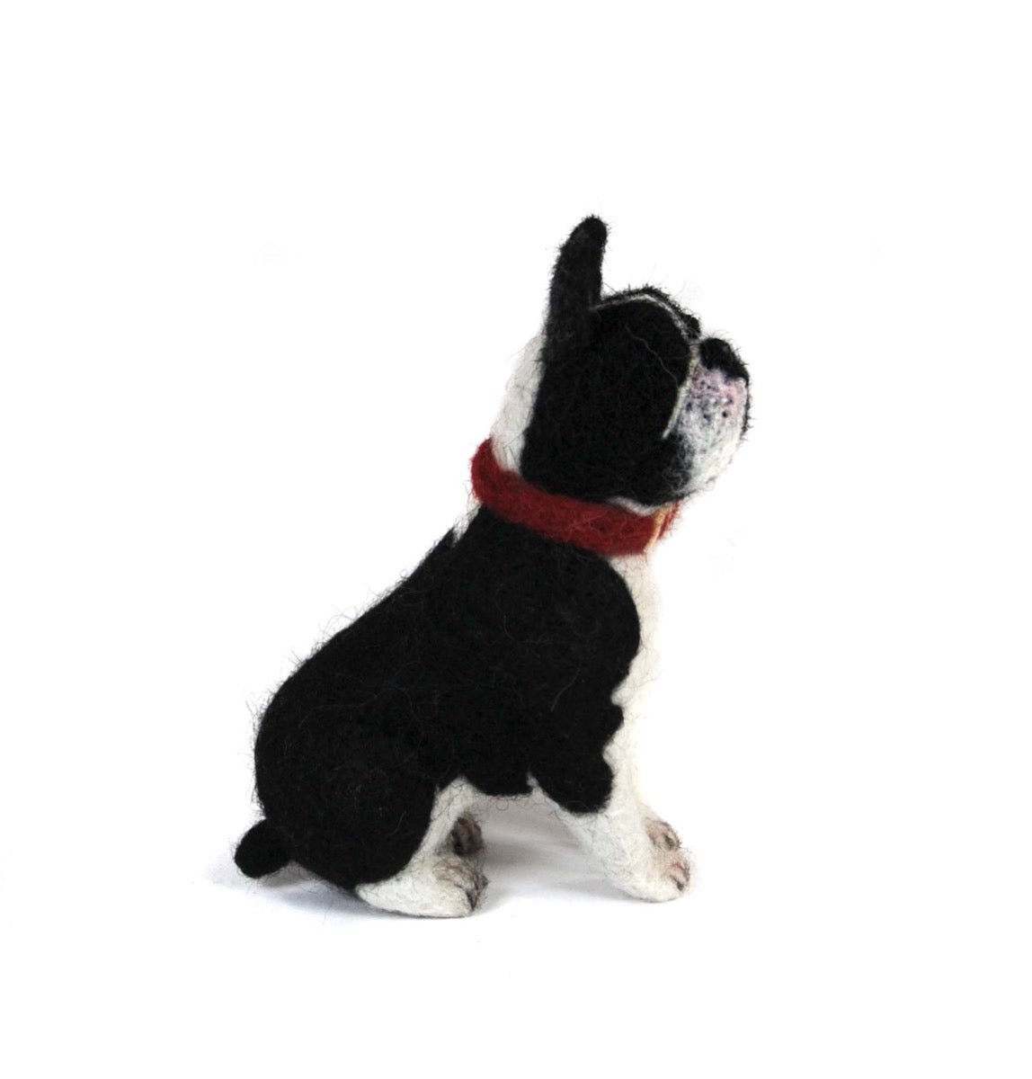 Side view of our felted french boston terrier pup